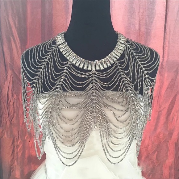 Luxury Bridal Shoulder Rhinestones Cover-Up With Adjustable Necklace - Picture 4 of 4